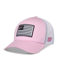 Alpinestars Flag Snapback Mütze, Pink und Weiß, gebogener Schirm mit strukturierter Krone, Twill-Vorderseite mit weißem Mesh-Rücken, mit schwarz-weißem Flaggen-Patch und pinkem Astars-Logo, lässige vom Motorsport inspirierte Sportbekleidung