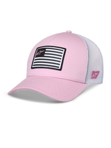 Alpinestars Flag Snapback Mütze, Pink und Weiß, gebogener Schirm mit strukturierter Krone, Twill-Vorderseite mit weißem Mesh-Rücken, mit schwarz-weißem Flaggen-Patch und pinkem Astars-Logo, lässige vom Motorsport inspirierte Sportbekleidung