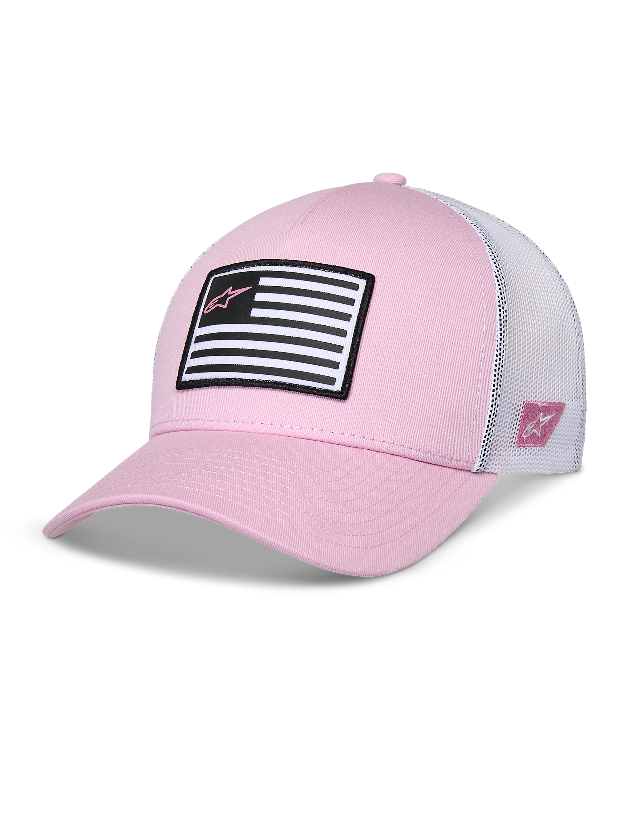 Alpinestars Flag Snapback Mütze, Pink und Weiß, gebogener Schirm mit strukturierter Krone, Twill-Vorderseite mit weißem Mesh-Rücken, mit schwarz-weißem Flaggen-Patch und pinkem Astars-Logo, lässige vom Motorsport inspirierte Sportbekleidung