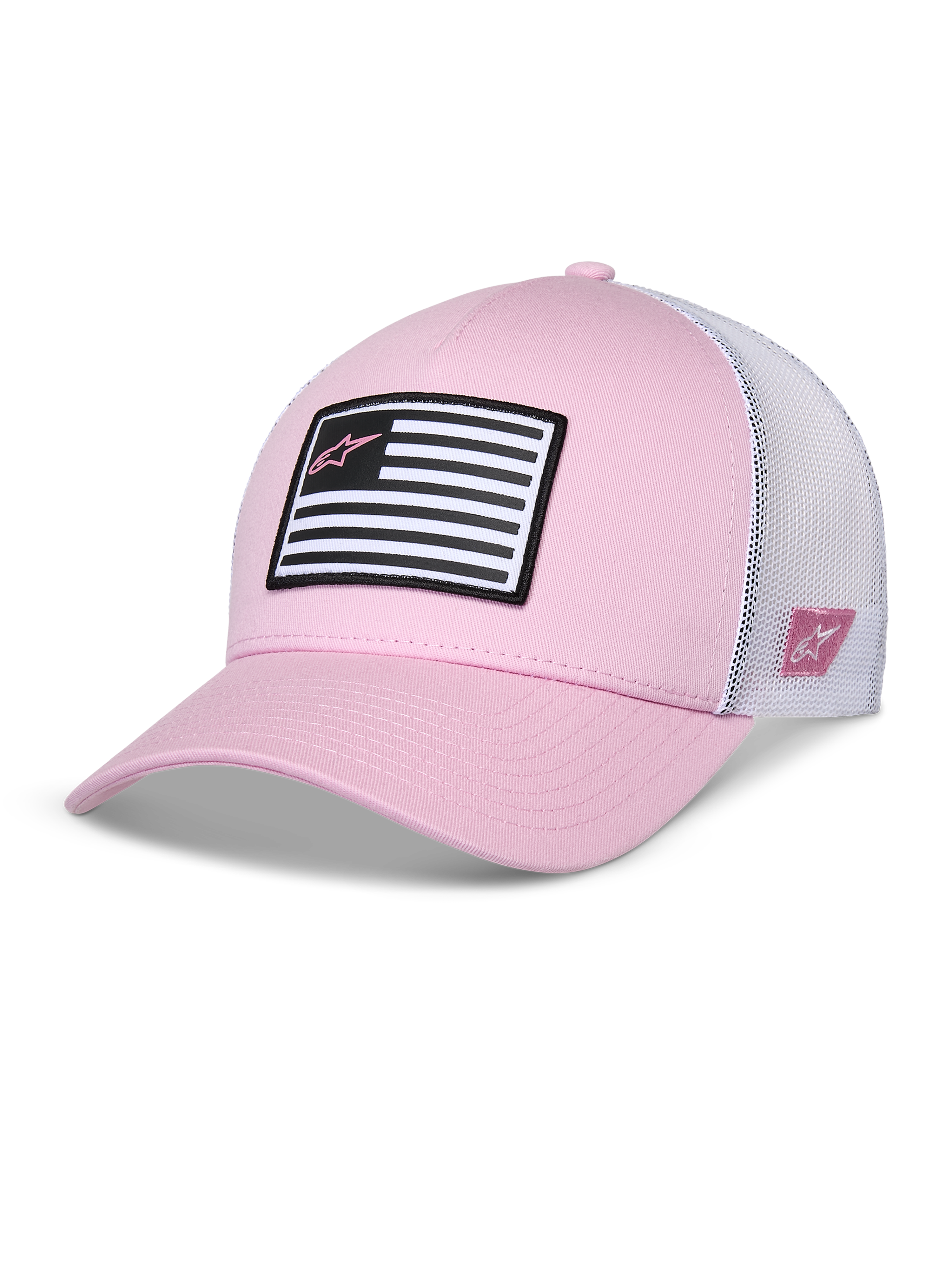 Alpinestars Flag Snapback Mütze, Pink und Weiß, gebogener Schirm mit strukturierter Krone, Twill-Vorderseite mit weißem Mesh-Rücken, mit schwarz-weißem Flaggen-Patch und pinkem Astars-Logo, lässige vom Motorsport inspirierte Sportbekleidung
