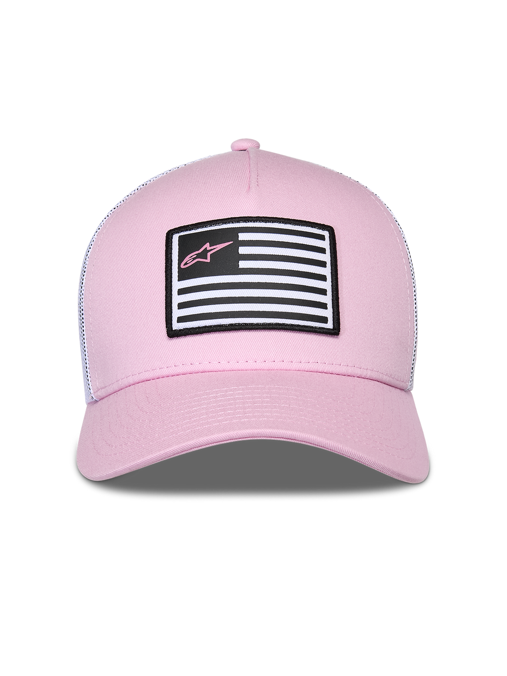 Alpinestars Flag Snapback Mütze, Rosa und Weiß, mit rosa Twill-Vorderseite und weißer Mesh-Rückseite, gebogener Schirm, Front-Aufnäher mit Flaggen-Design und rosa Astars-Logo, lässige Motorsport-Streetwear