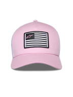 Alpinestars Flag Snapback Mütze, Rosa und Weiß, mit rosa Twill-Vorderseite und weißer Mesh-Rückseite, gebogener Schirm, Front-Aufnäher mit Flaggen-Design und rosa Astars-Logo, lässige Motorsport-Streetwear