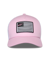 Alpinestars Flag Snapback Mütze, Rosa und Weiß, mit rosa Twill-Vorderseite und weißer Mesh-Rückseite, gebogener Schirm, Front-Aufnäher mit Flaggen-Design und rosa Astars-Logo, lässige Motorsport-Streetwear