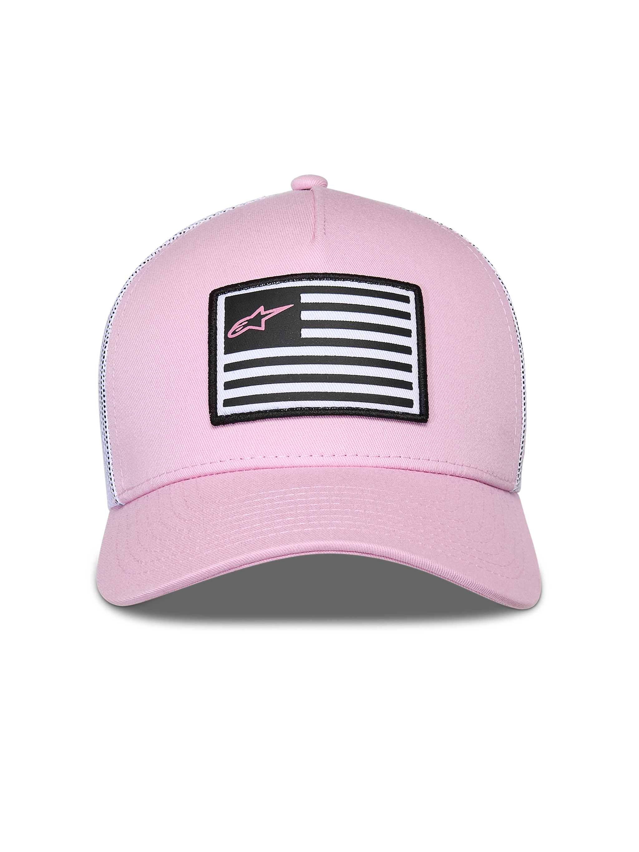 Alpinestars Flag Snapback Mütze, Rosa und Weiß, mit rosa Twill-Vorderseite und weißer Mesh-Rückseite, gebogener Schirm, Front-Aufnäher mit Flaggen-Design und rosa Astars-Logo, lässige Motorsport-Streetwear