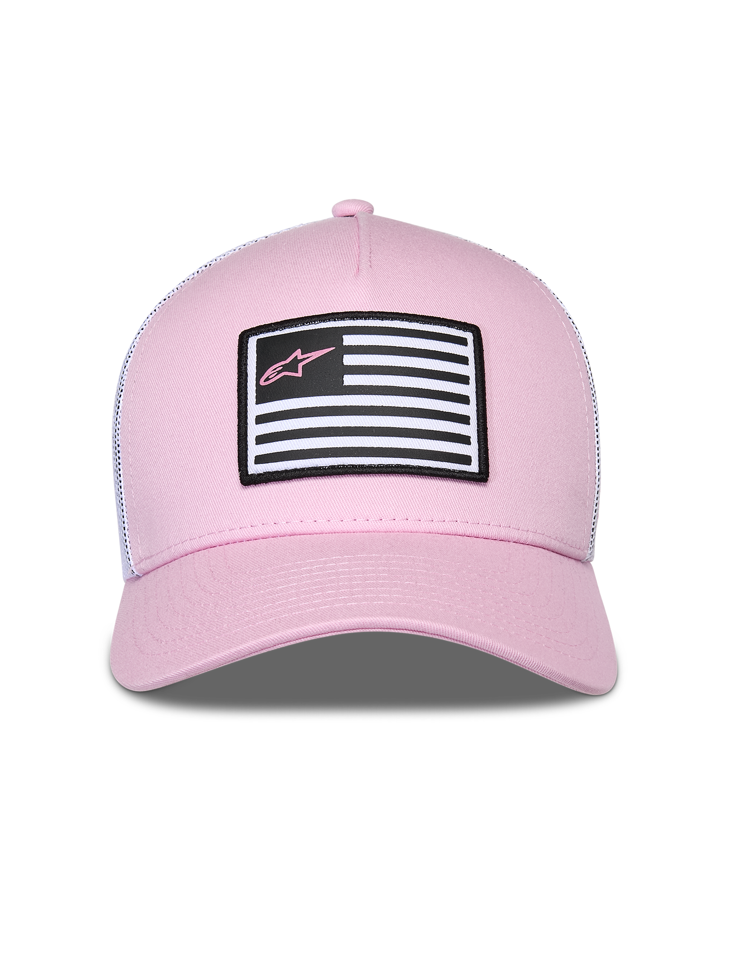 Alpinestars Flag Snapback Mütze, Rosa und Weiß, mit rosa Twill-Vorderseite und weißer Mesh-Rückseite, gebogener Schirm, Front-Aufnäher mit Flaggen-Design und rosa Astars-Logo, lässige Motorsport-Streetwear