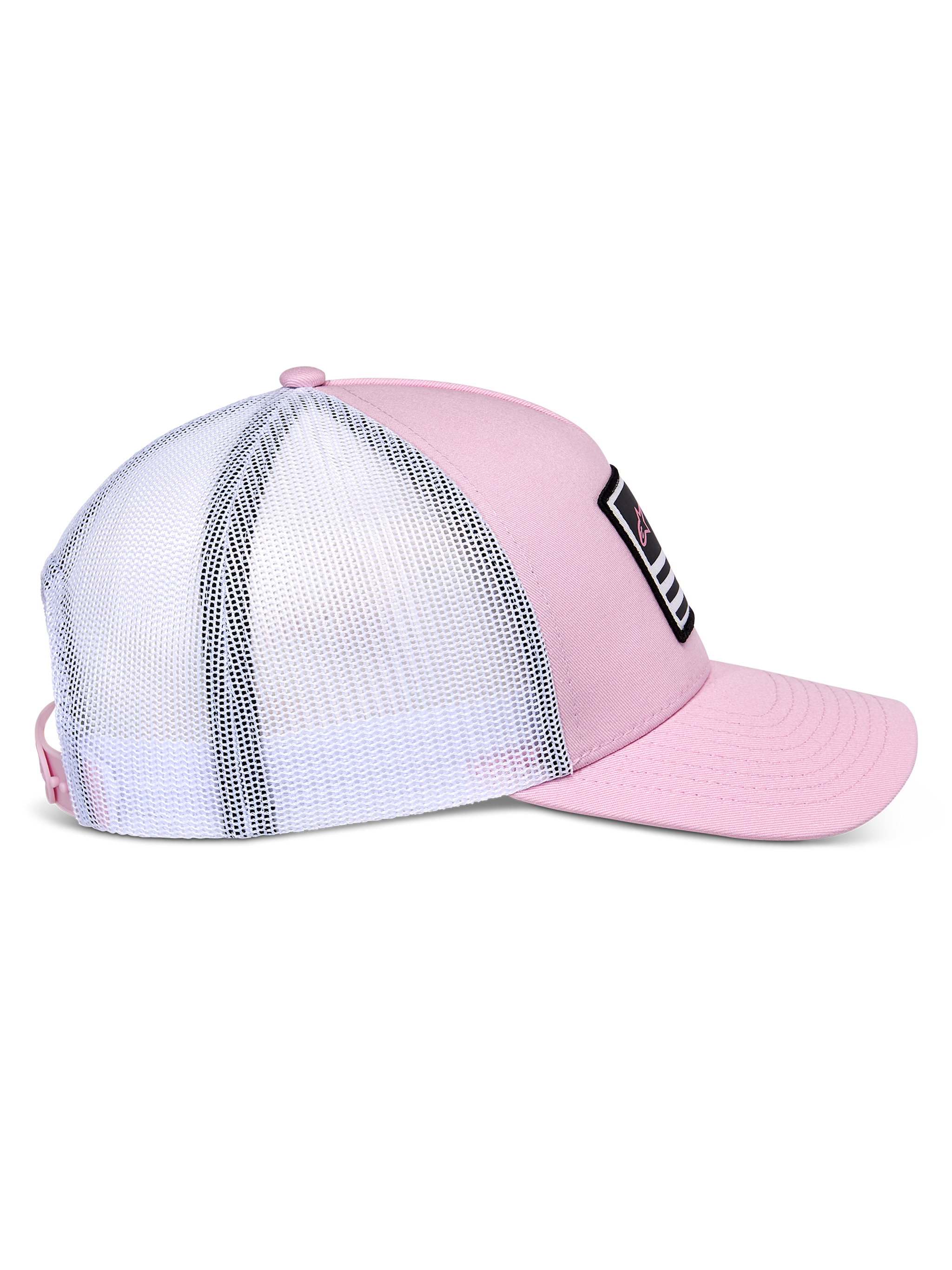 Alpinestars Flag Snapback Mütze, Pink und Weiß, Seitenansicht mit pinker Twill-Vorderseite und weißer Mesh-Rückseite, gebogener Schirm, strukturierte Krone, schwarzer Patch mit weißen und pinken Details, lässige, vom Motorsport inspirierte Kopfbedeckung