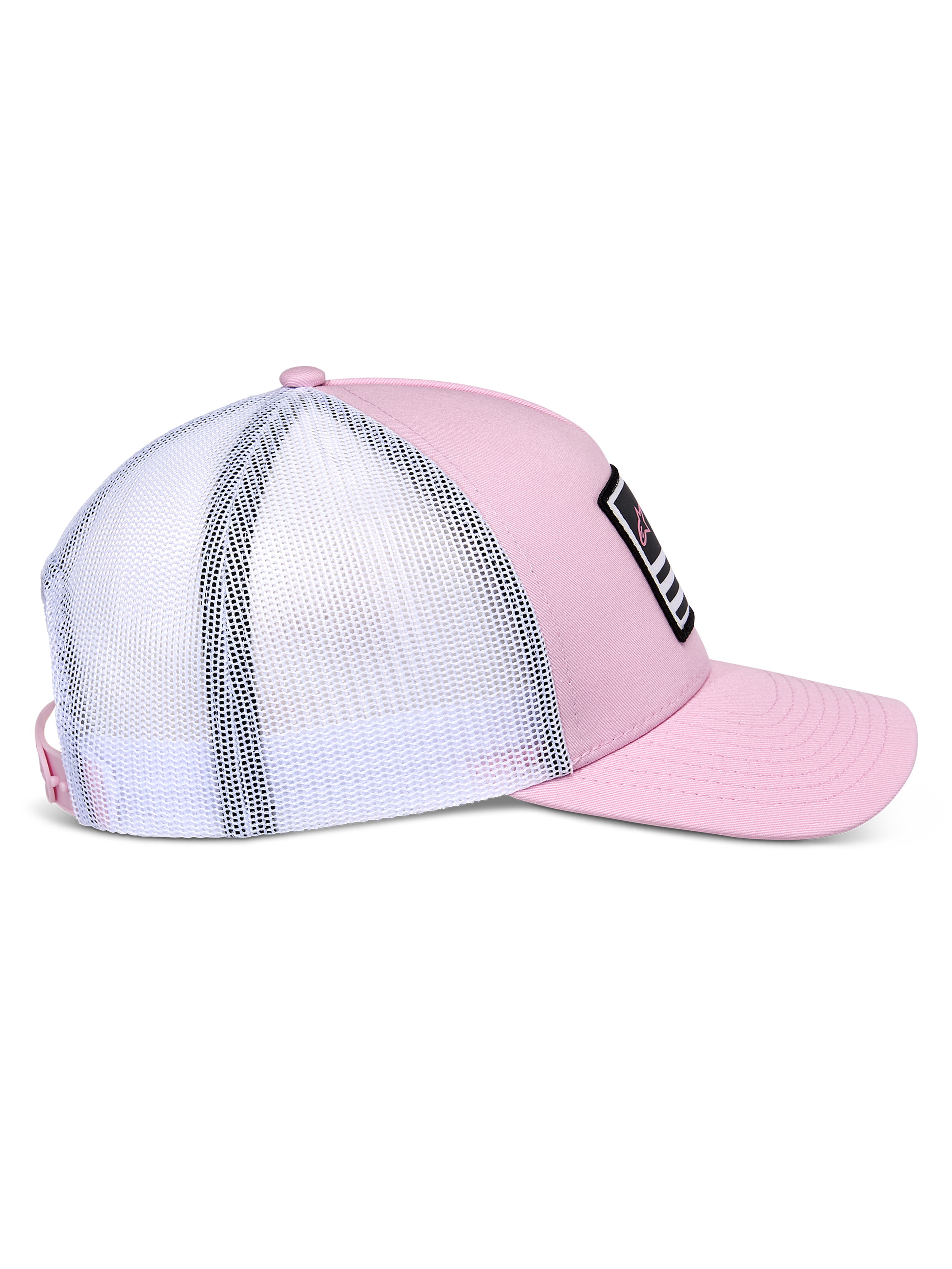 Alpinestars Flag Snapback Mütze, Pink und Weiß, Seitenansicht mit pinker Twill-Vorderseite und weißer Mesh-Rückseite, gebogener Schirm, strukturierte Krone, schwarzer Patch mit weißen und pinken Details, lässige, vom Motorsport inspirierte Kopfbedeckung