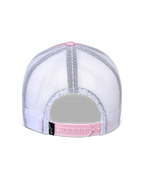 Alpinestars Flag Snapback Mütze, Rückansicht, Pink und Weiß, atmungsaktive weiße Mesh-Einsätze mit verstellbarem pinkem Snapback-Verschluss, kleines schwarzes Alpinestars Logo-Etikett, lässige vom Motorsport inspirierte Kopfbedeckung