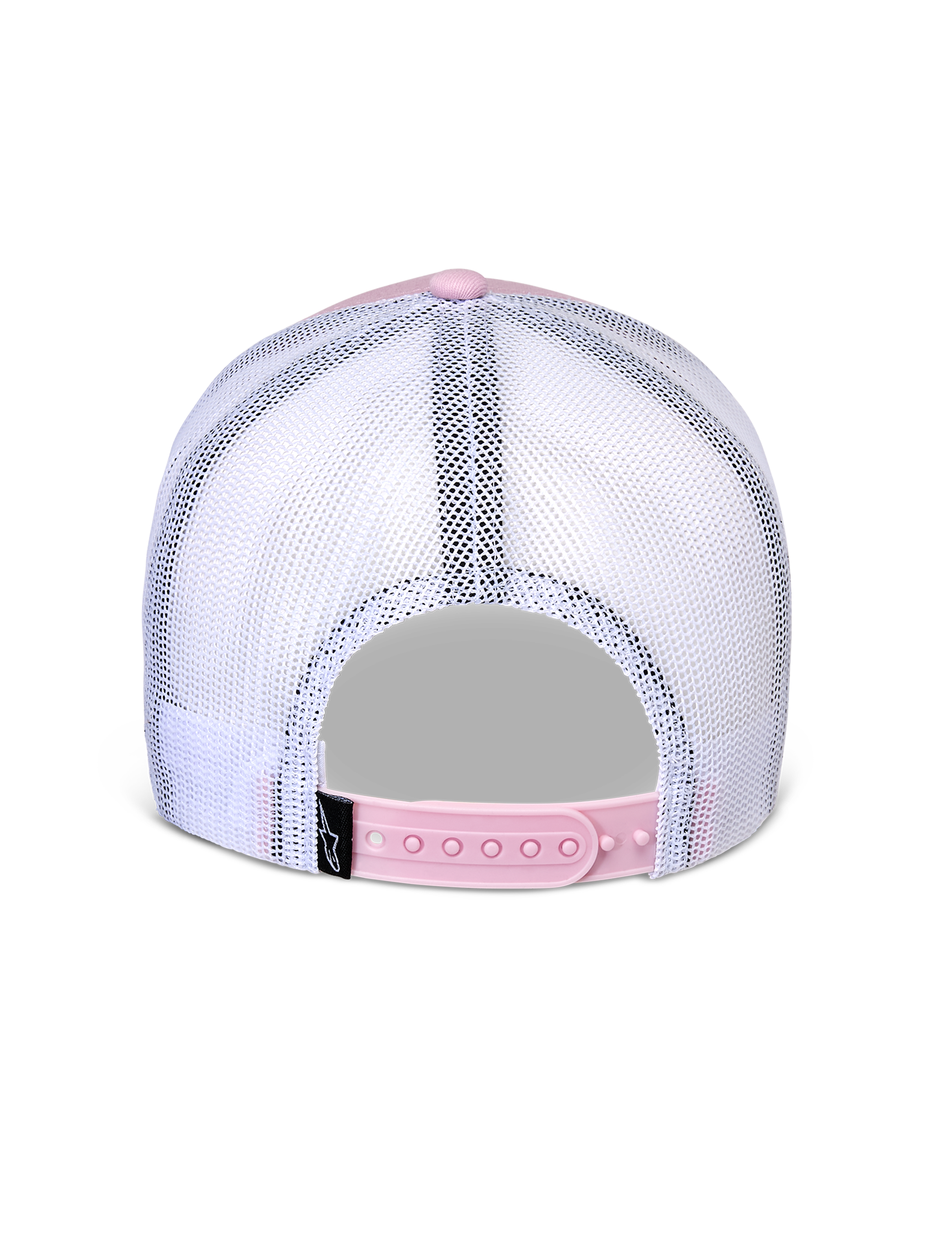 Alpinestars Flag Snapback Mütze, Rückansicht, Pink und Weiß, atmungsaktive weiße Mesh-Einsätze mit verstellbarem pinkem Snapback-Verschluss, kleines schwarzes Alpinestars Logo-Etikett, lässige vom Motorsport inspirierte Kopfbedeckung