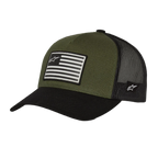 Alpinestars Flag Snapback Hat, Military Black, olive green crown with black curved bill and mesh back, front printed flag patch with logo, casual sportswear design