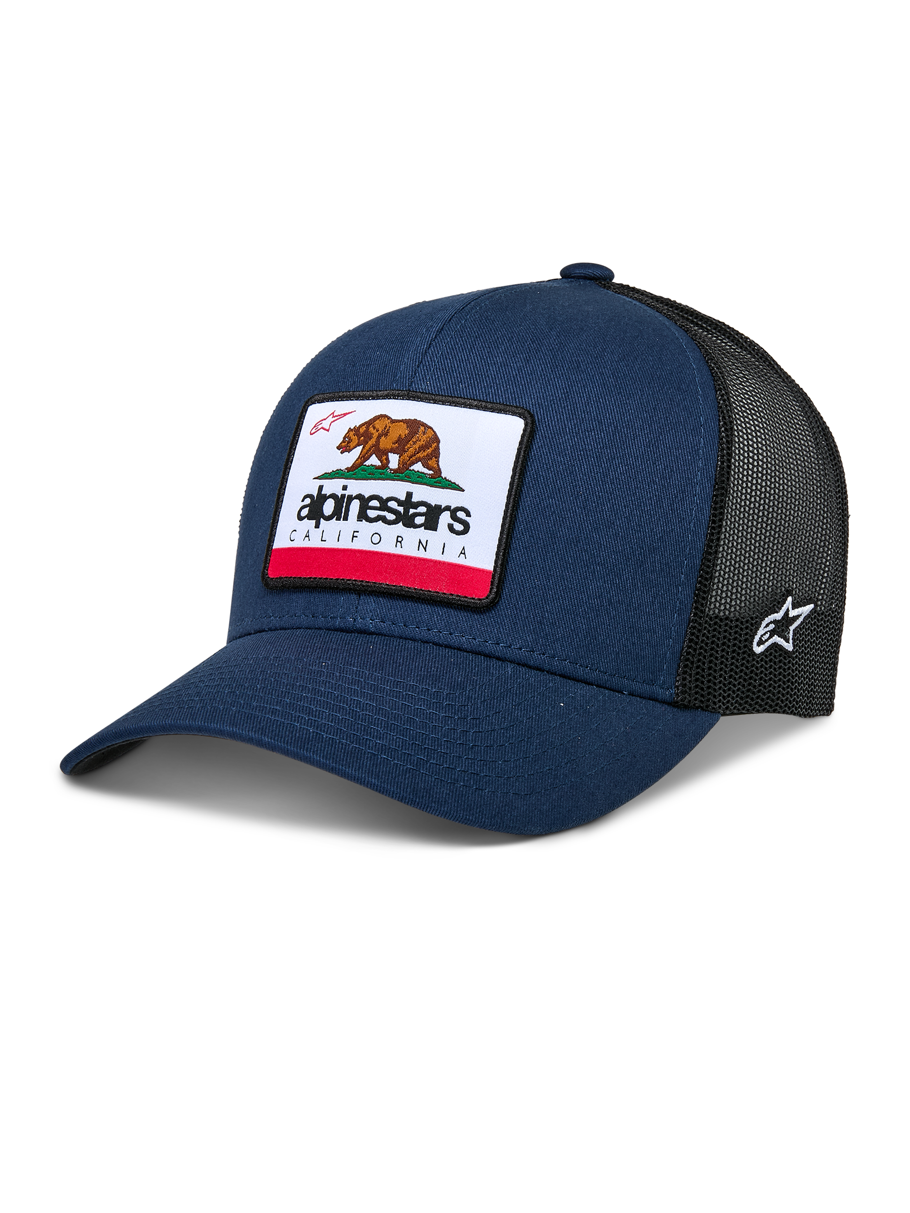 Alpinestars Cali 2.0 Cap, marineblaue und schwarze Trucker-Cap, mit großem California-Bären-Patch und Alpinestars-Logo, gebogener Schirm, atmungsaktive schwarze Mesh-Rückseite, lässige Motorsport-Kopfbedeckung