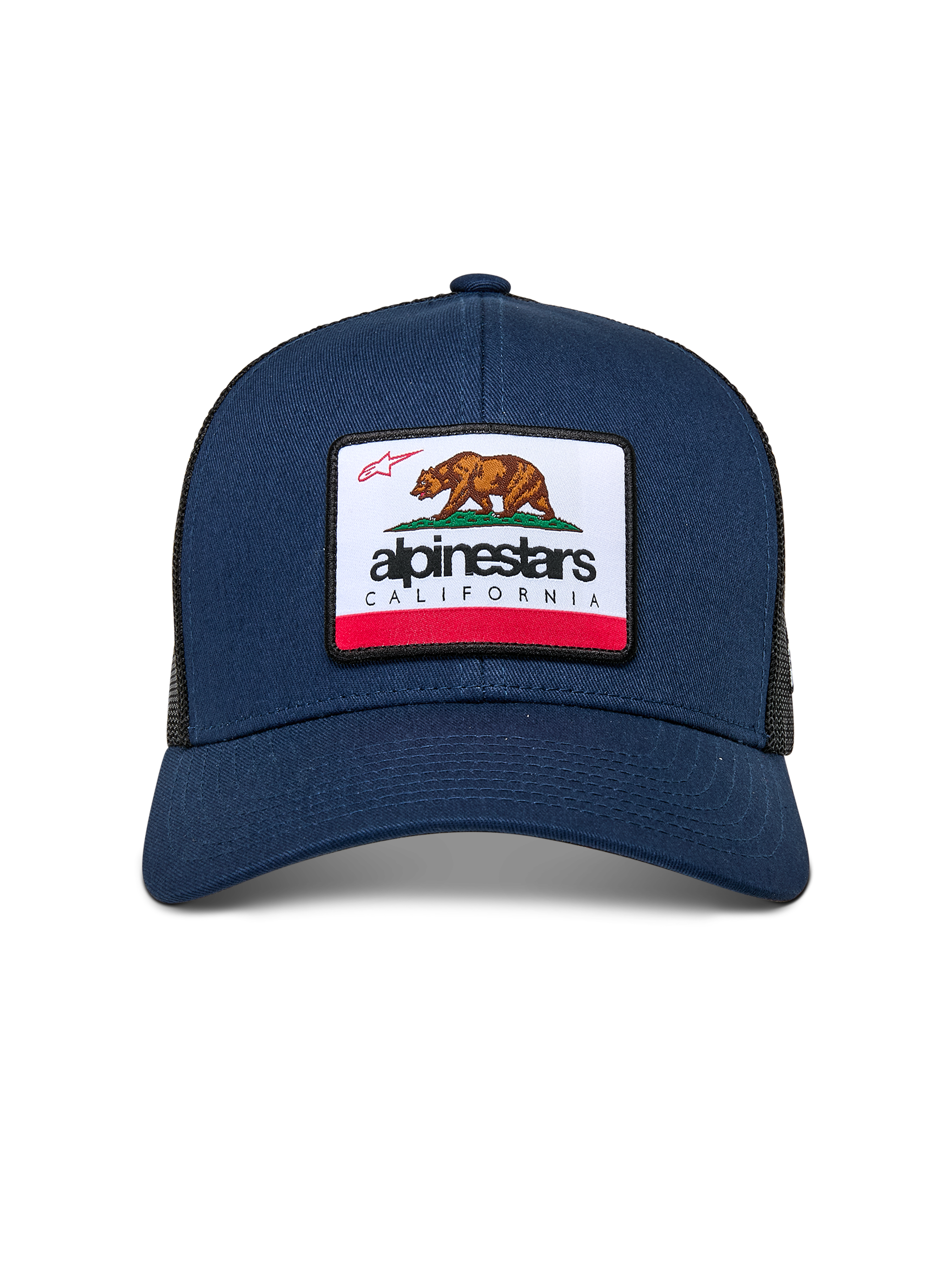 Alpinestars Cali 2.0 Mütze, Navyblau, mit gewebtem Merrow-Patch, Kalifornien-Bär und Alpinestars-Branding, gebogener Schirm, strukturierte Krone mit Poly-Mesh-Rückseite, lässige Motorsport-Streetwear