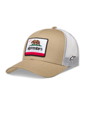 Alpinestars Cali 2.0 Kappe, Sportswear Trucker Cap in Sand und Weiß, mit Mesh-Rückseite und gewebtem California-Bären-Patch