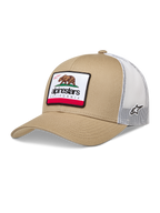Alpinestars Cali 2.0 Kappe, Sportswear Trucker Cap in Sand und Weiß, mit Mesh-Rückseite und gewebtem California-Bären-Patch