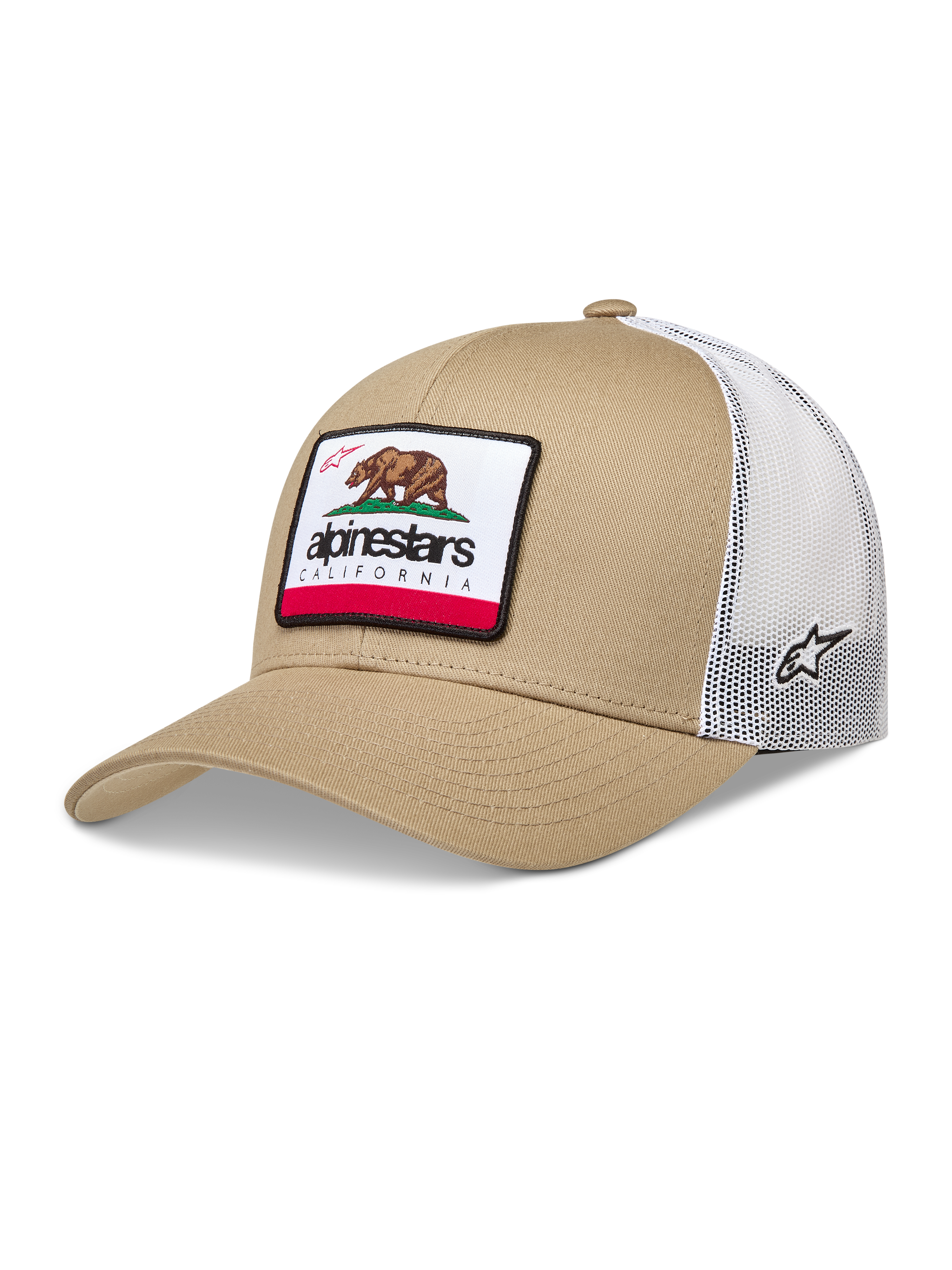 Alpinestars Cali 2.0 Kappe, Sportswear Trucker Cap in Sand und Weiß, mit Mesh-Rückseite und gewebtem California-Bären-Patch