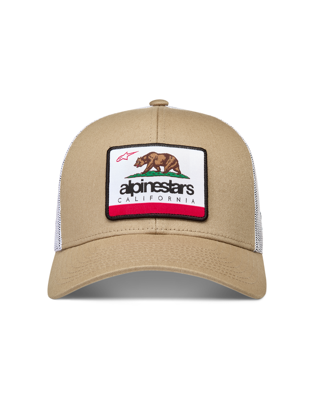 Alpinestars Cali 2.0 Kappe, Sportswear-Trucker-Cap, Sand und Weiß, mit gebogenem Schirm und gewebtem California-Bär-Patch, Baumwoll-Twill und Mesh-Gewebe.