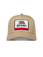 Alpinestars Cali 2.0 Kappe, Sportswear-Trucker-Cap, Sand und Weiß, mit gebogenem Schirm und gewebtem California-Bär-Patch, Baumwoll-Twill und Mesh-Gewebe.
