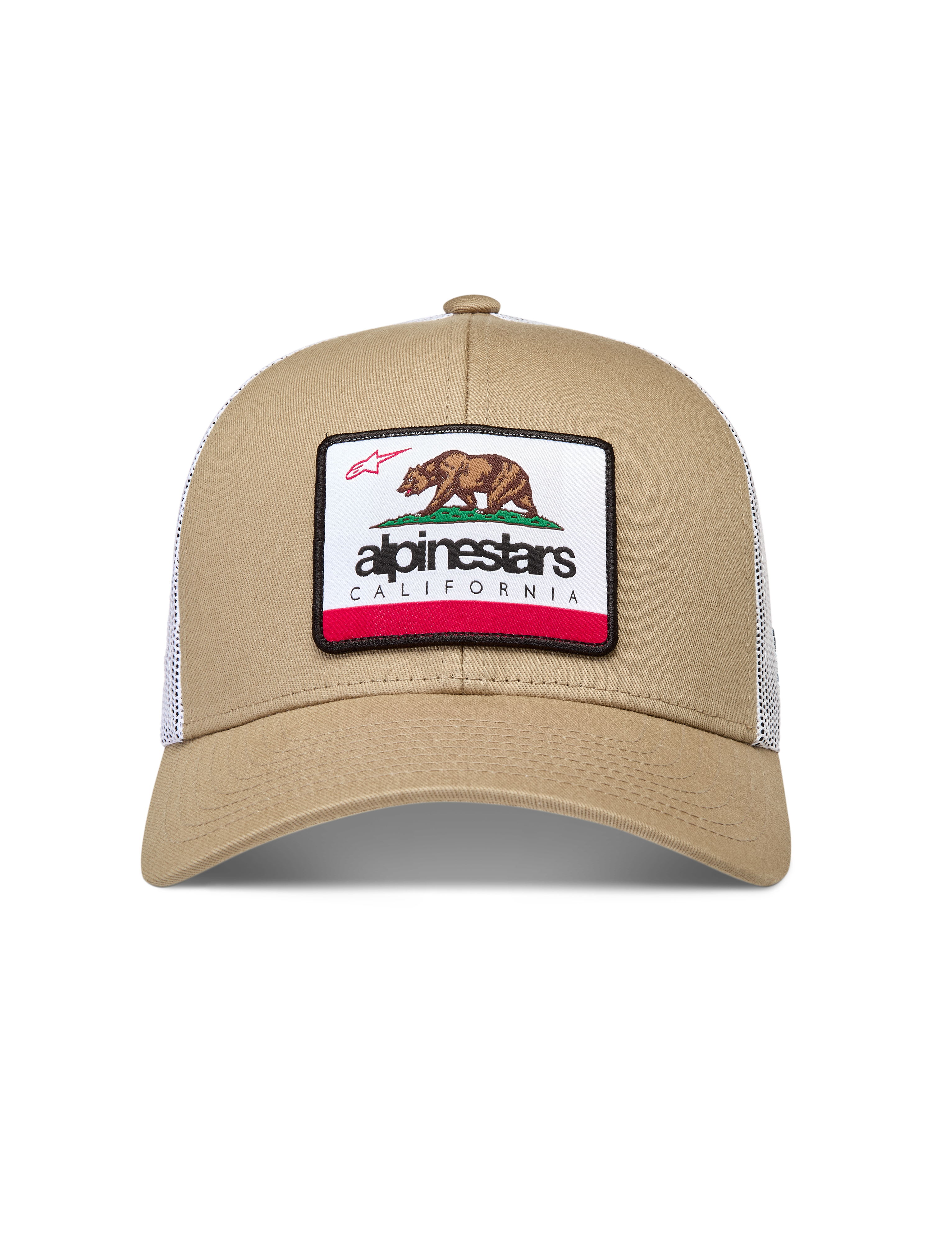 Alpinestars Cali 2.0 Kappe, Sportswear-Trucker-Cap, Sand und Weiß, mit gebogenem Schirm und gewebtem California-Bär-Patch, Baumwoll-Twill und Mesh-Gewebe.