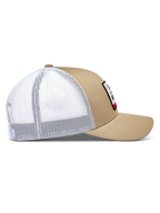 Alpinestars Cali 2.0 Kappe, Trucker-Mütze in Sand und Weiß mit gebogenem Schirm und atmungsaktiver Mesh-Rückseite, Sportswear.