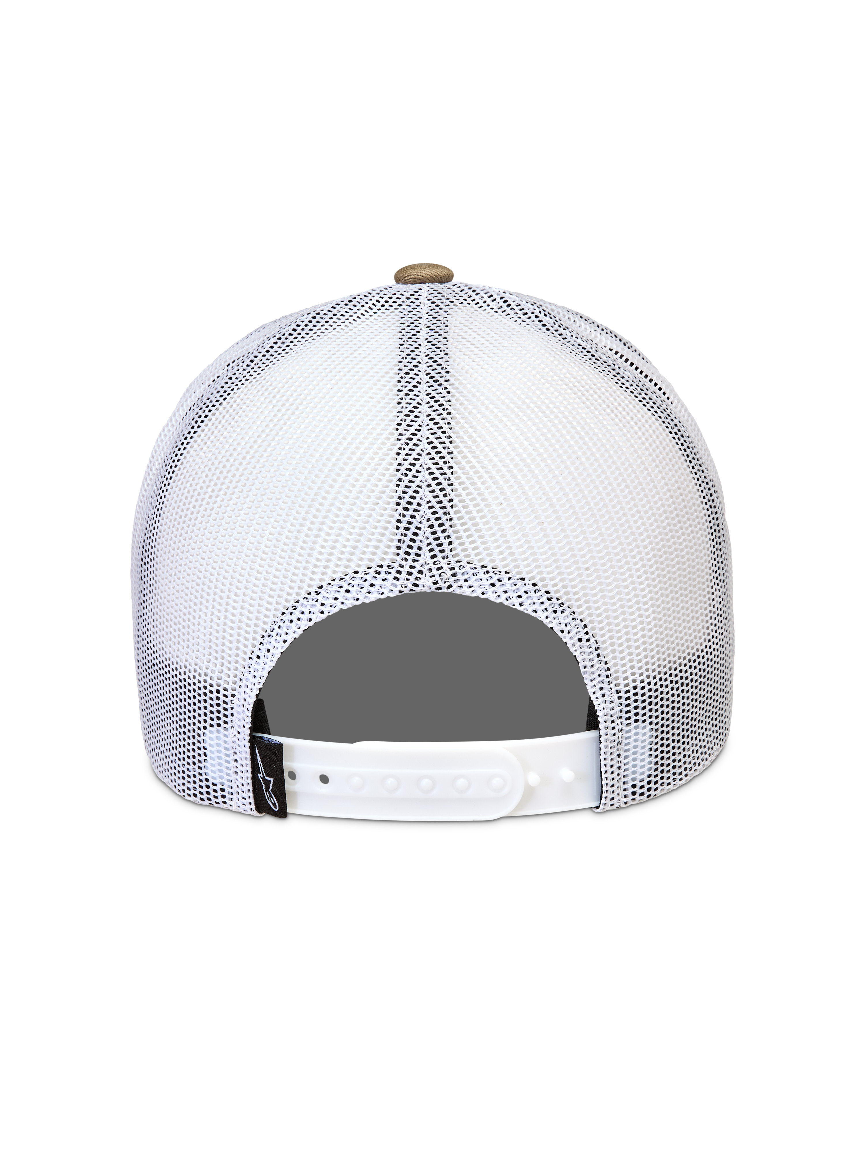Alpinestars Cali 2.0 Kappe, Rückansicht der Sportswear-Kappe in Weiß und Khaki, mit atmungsaktivem Poly-Mesh-Gewebe und verstellbarem Snapback-Verschluss.