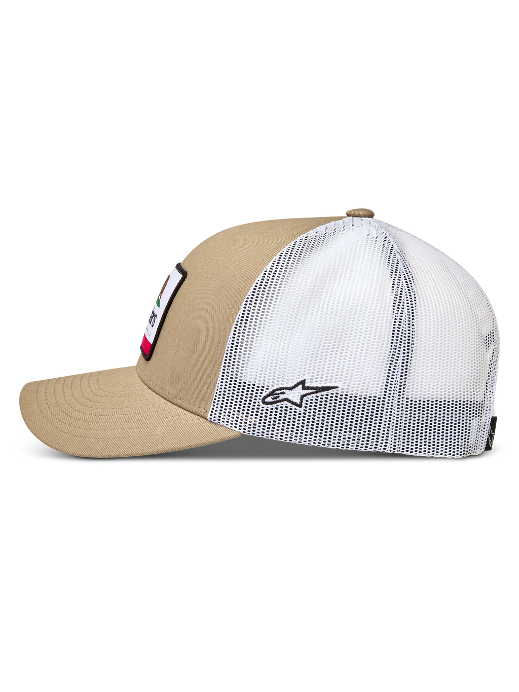 Alpinestars Cali 2.0 Kappe, Sportswear Trucker-Kappe, Sand und Weiß, mit Twill-Front, Mesh-Rückseite und gebogenem Schirm.