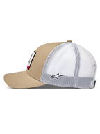 Alpinestars Cali 2.0 Kappe, Sportswear Trucker-Kappe, Sand und Weiß, mit Twill-Front, Mesh-Rückseite und gebogenem Schirm.