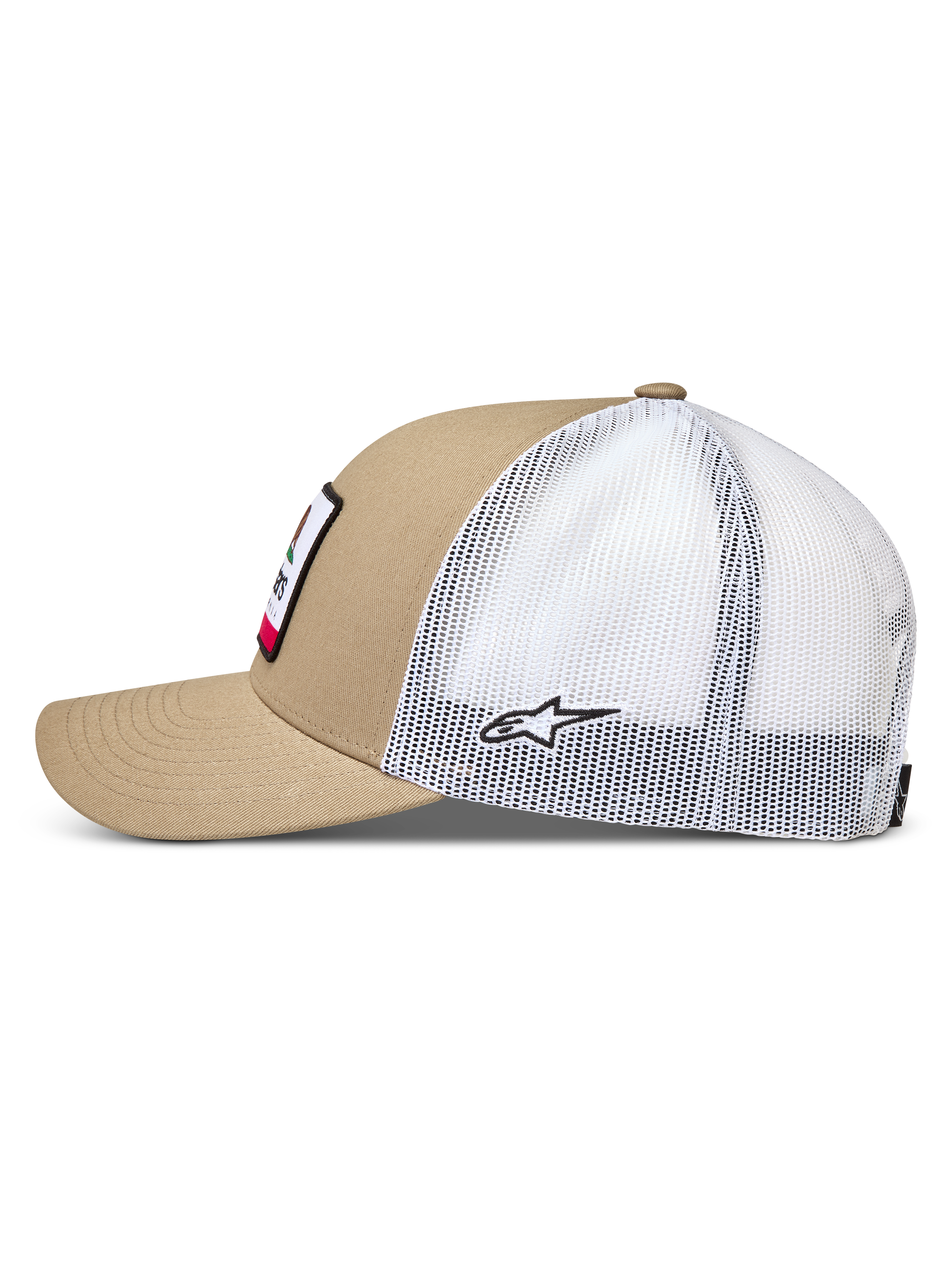 Alpinestars Cali 2.0 Kappe, Sportswear Trucker-Kappe, Sand und Weiß, mit Twill-Front, Mesh-Rückseite und gebogenem Schirm.