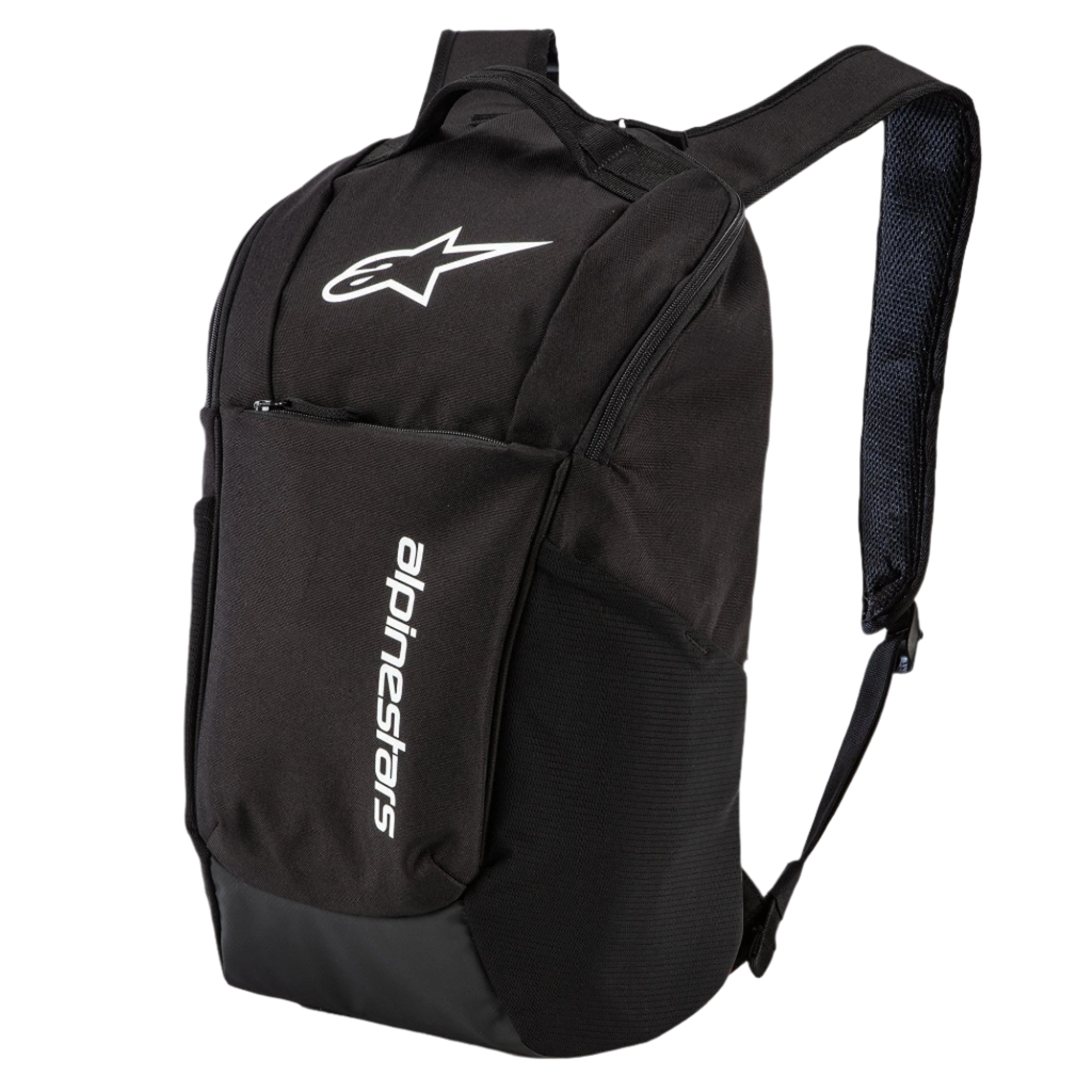 Alpinestars Defcon V2 Rucksack, Schwarz, kleiner Tagesrucksack mit weißem Logodruck und vertikalem Branding, seitliche Netztaschen und Airmesh-Schultergurte, strapazierfähiges Design aus 600D Polyester
