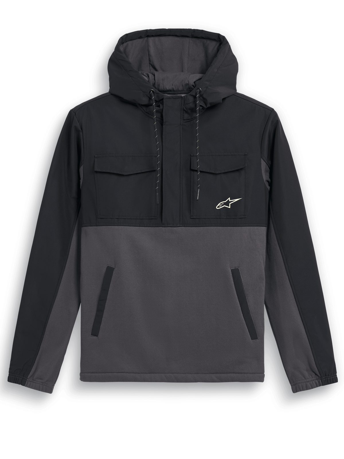 Alpinestars Juncture Hybrid Jacke, Anorak-Hoodie, Black Gunmetal, Mischmaterial-Design mit Ripstop-Overlay auf Passe und Kapuze, Hauptteil aus Canvas-Fleece, Brusttaschen mit Klappe, untere Leistentaschen, kleines weißes Stern-Logo, lässige, vom Motorsport inspirierte Jacke