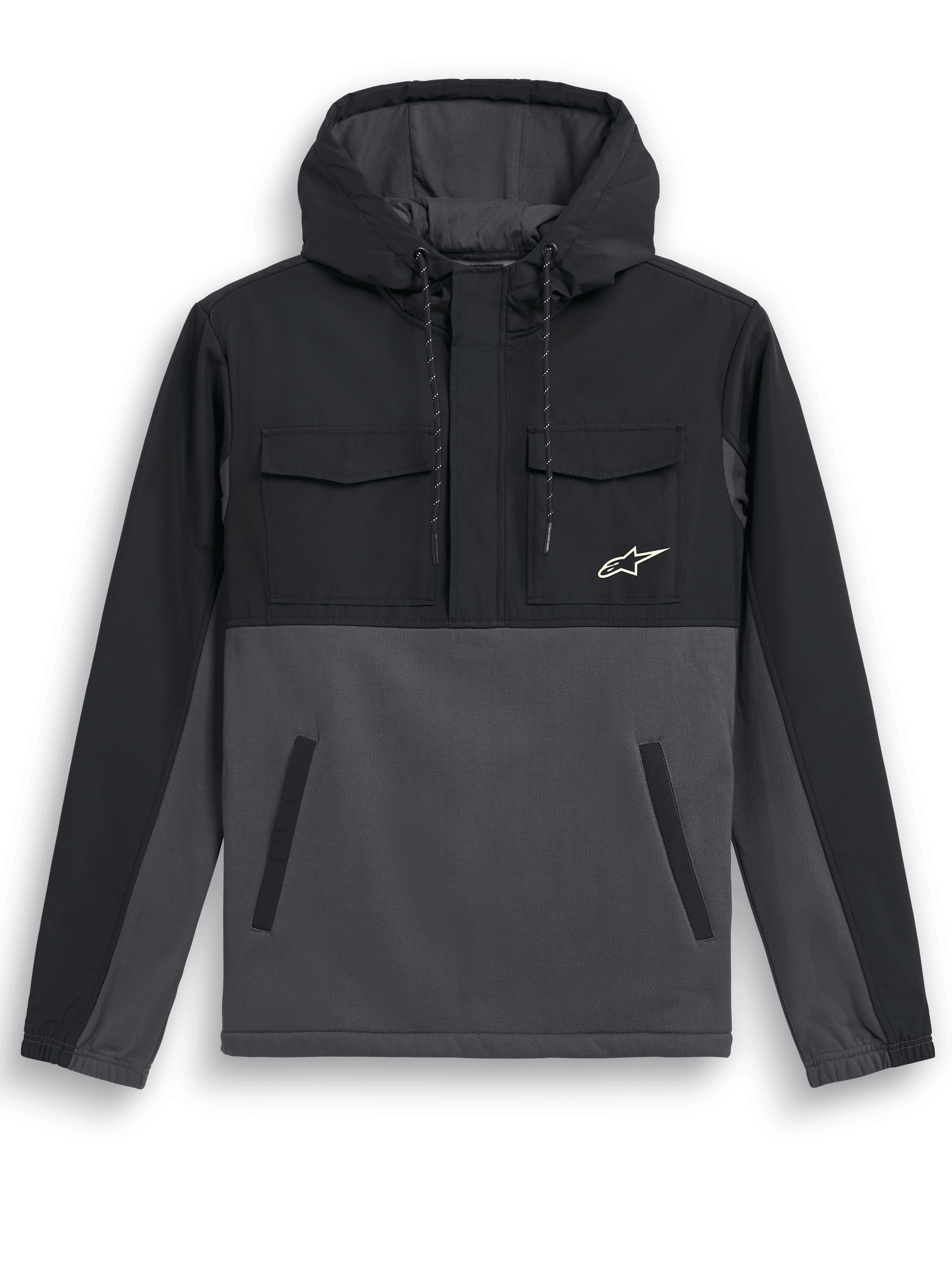 Alpinestars Juncture Hybrid Jacket, Anorak Hoodie, Black Gunmetal, mixed material design with ripstop overlay on yoke and hood, canvas fleece body, chest flap pockets, lower welt pockets, small white star logo, casual motorsport-inspired jacket