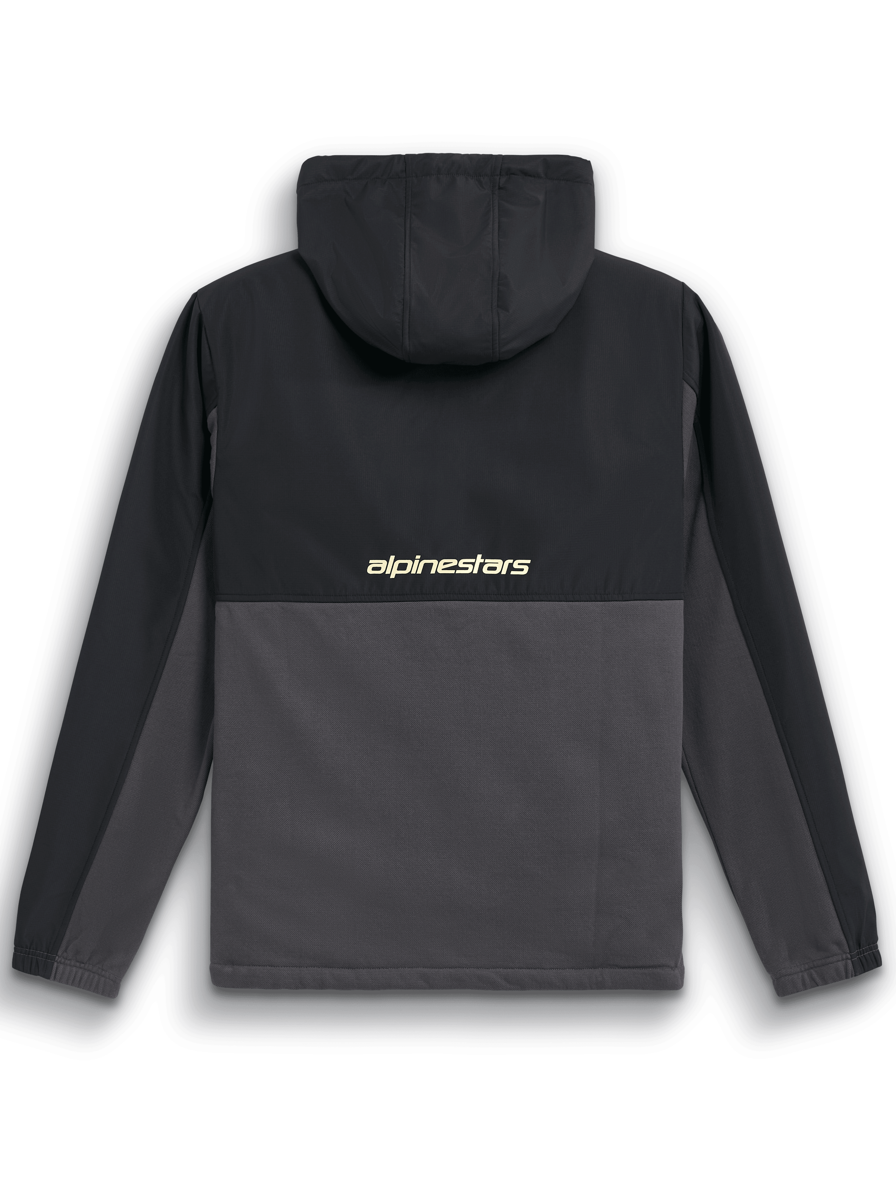 Alpinestars Juncture Hybrid Jacket, Back View, Black and Gunmetal, mixed-material anorak with ripstop yoke and hood, features 'alpinestars' logo across the center back, casual motorsport streetwear