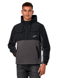 Alpinestars Juncture Hybrid Jacket, men's anorak hoodie, Black and Gunmetal Gray, two-tone design with ripstop overlays and canvas fleece, featuring chest pockets with a white star logo and drawstring hood, casual motorsport-inspired streetwear