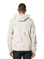 Alpinestars Plenitude Hoodie, back view, Off White with all-over gray print featuring brand slogans and logos, casual sportswear, ribbed cuffs and hem, hooded sweatshirt for everyday wear