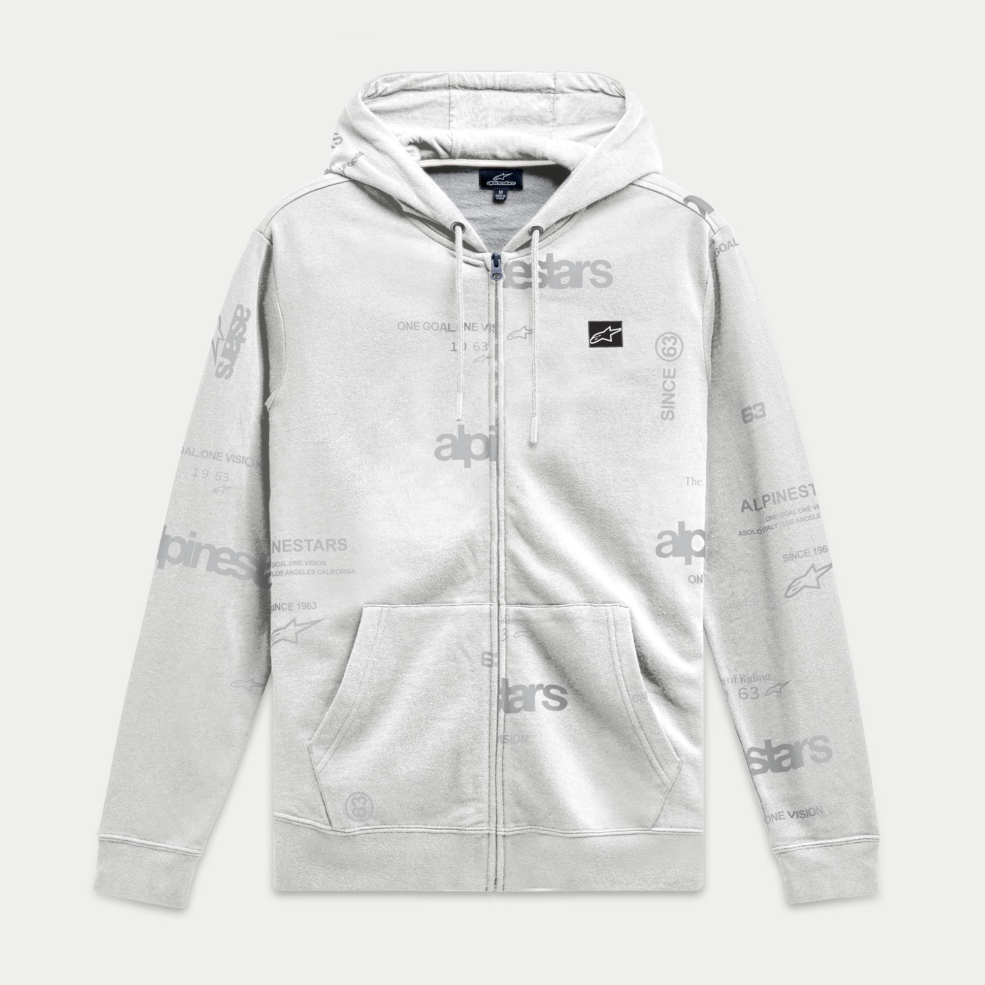Alpinestars Plenitude Hoodie, zip-front fleece, Off White with all-over gray logo print, black Ageless logo patch on chest, kangaroo pockets, drawstring hood, casual motorsport-inspired streetwear