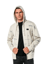 Alpinestars Plenitude Hoodie, casual sportswear, Off White zip-front fleece with all-over grey logo graphics, worn by a man with the hood up over a black shirt, featuring a small chest logo patch and kangaroo pocket