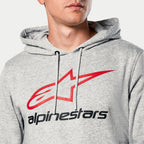 Alpinestars Always V3 Hoodie, Grey Heather, close-up of chest featuring red star logo and black Alpinestars text, jersey-lined hood with grey drawcords, casual motorsport streetwear