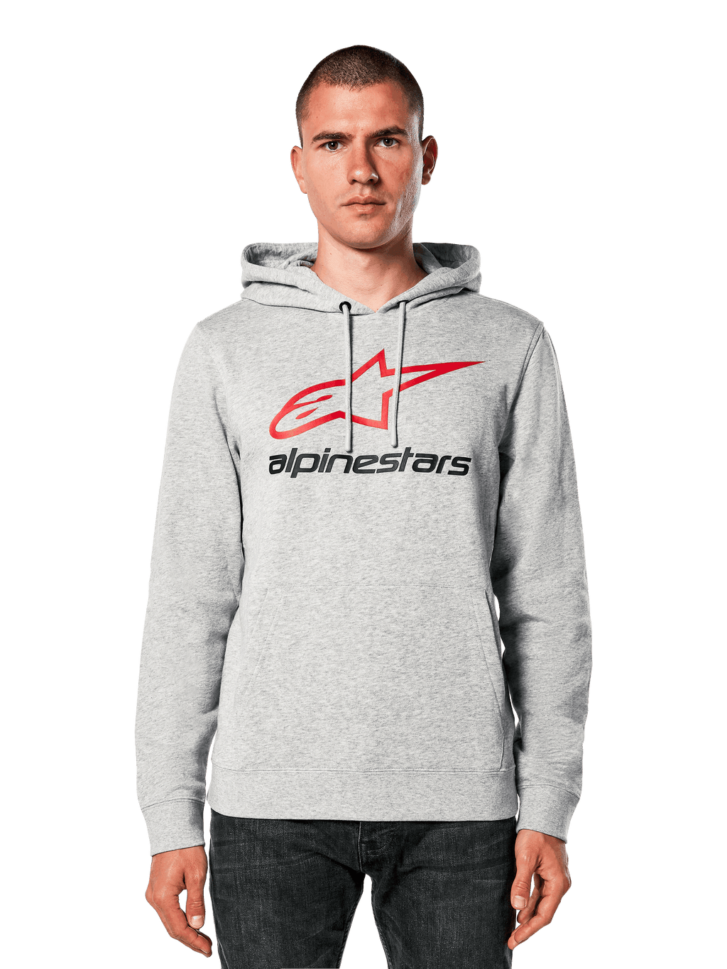 Alpinestars Always V3 Hoodie, Light Grey Heather with Red and Black Star Logo, worn by a model, casual streetwear, drawstring hood, front pouch pocket, motorsport heritage design