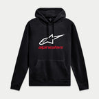 Alpinestars Always V3 Hoodie, Schwarz, Fleece-Pullover mit weißem Stern-Logo und rotem Branding, lässige Motorsport-Streetwear, Rippbündchen und Saum
