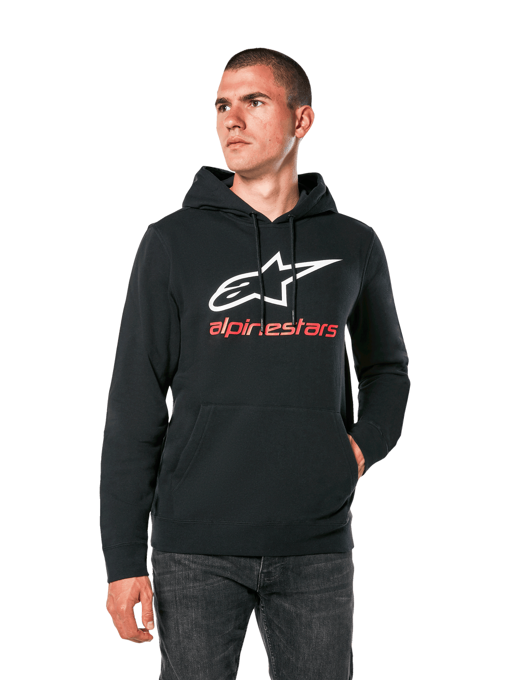 Alpinestars Always V3 Hoodie, schwarzer Freizeit-Kapuzenpullover mit weißem Stern-Logo und rotem Alpinestars-Schriftzug, Pullover-Design mit Kängurutasche vorne, Lifestyle Motorsport-Streetwear