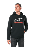 Alpinestars Always V3 Hoodie, schwarzer Freizeit-Kapuzenpullover mit weißem Stern-Logo und rotem Alpinestars-Schriftzug, Pullover-Design mit Kängurutasche vorne, Lifestyle Motorsport-Streetwear
