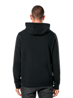 Alpinestars Blaze V3 Kapuzenpullover, Rückansicht eines Mannes in schwarzem Hoodie, Rippbündchen und Saum, Kapuze mit Jersey-Futter, lässige vom Motorsport inspirierte Streetwear