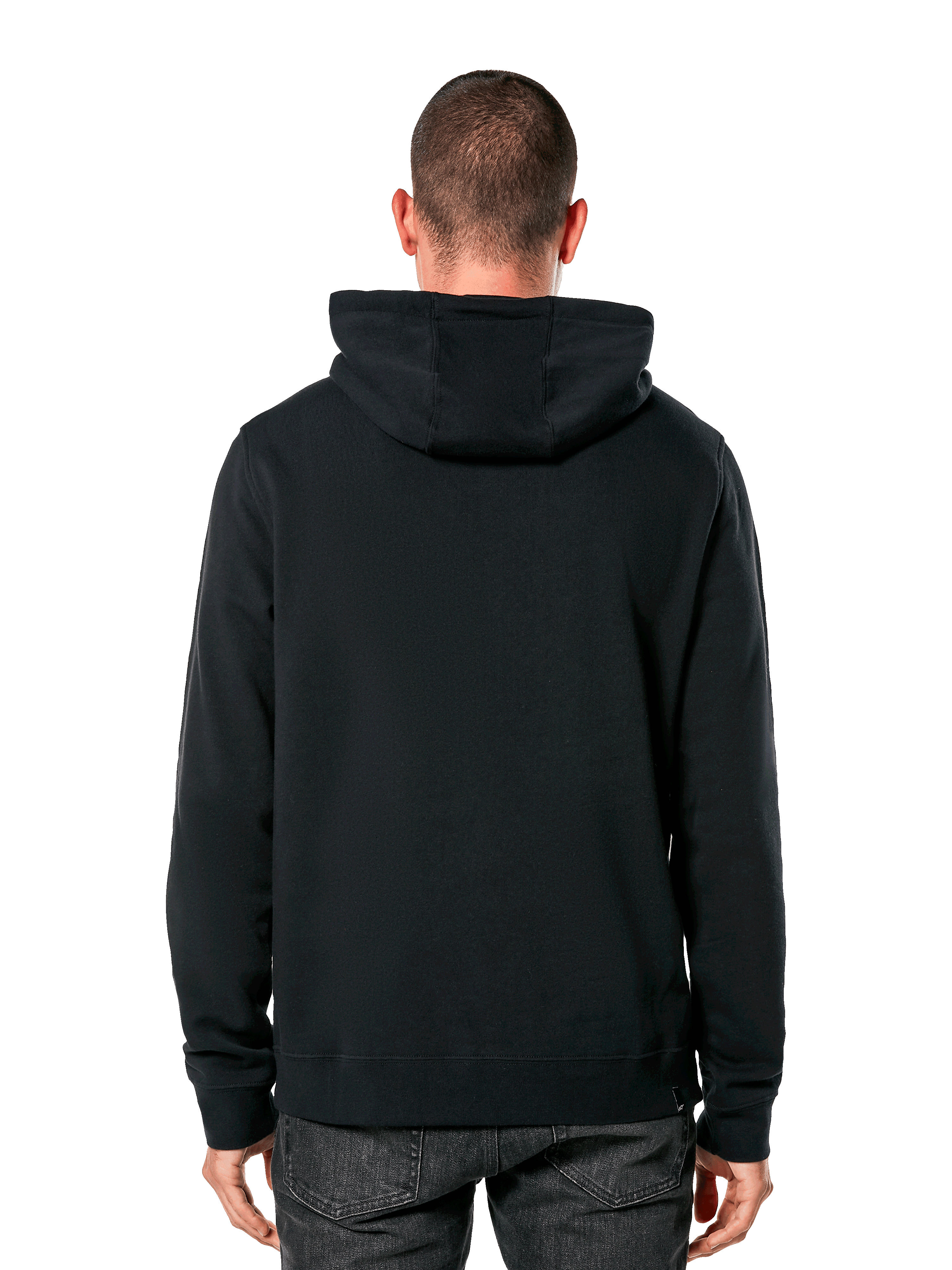 Alpinestars Blaze V3 Kapuzenpullover, Rückansicht eines Mannes in schwarzem Hoodie, Rippbündchen und Saum, Kapuze mit Jersey-Futter, lässige vom Motorsport inspirierte Streetwear