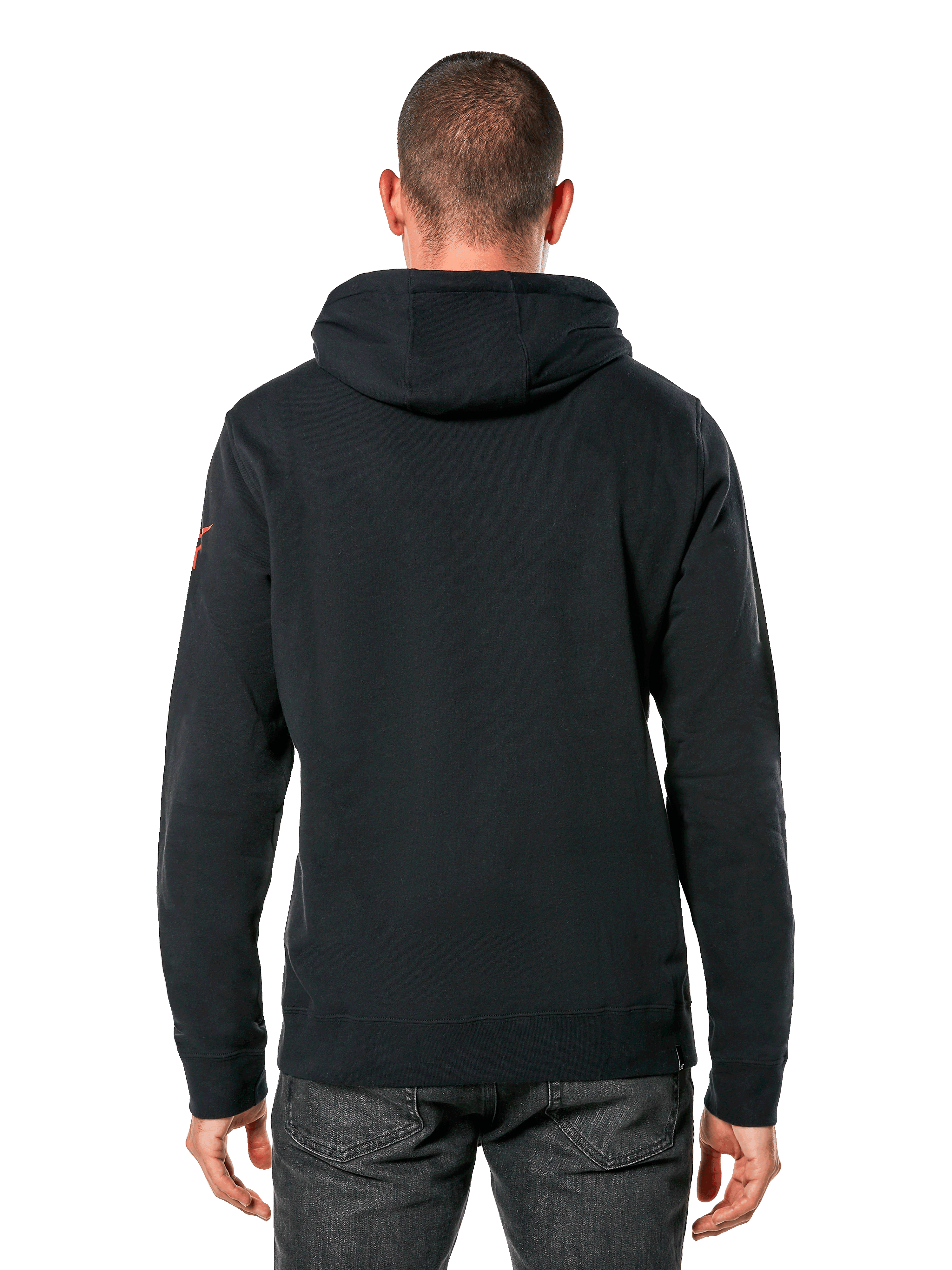 Alpinestars Linear Wordmark V3 Hoodie, lässige Streetwear, schwarzer Kapuzenpullover in der Rückansicht, rotes Logo am Ärmel, Rippbündchen und Saum, modernes vom Motorsport inspiriertes Design