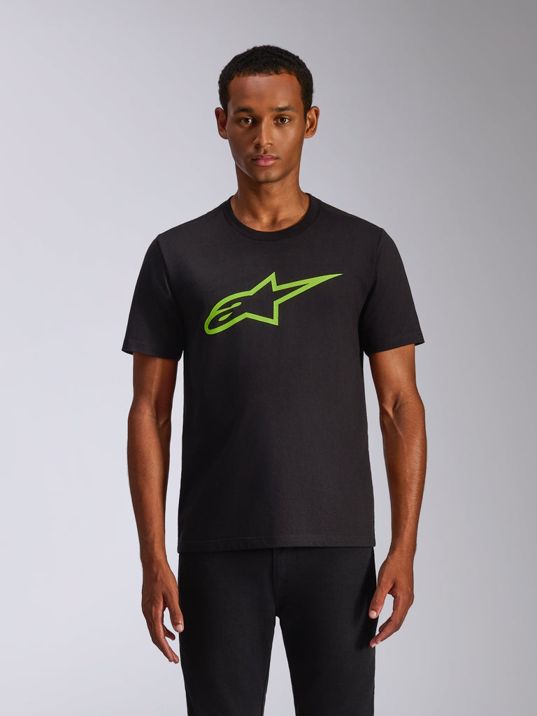 Alpinestars Ageless 2.0 CSF Tee, Short Sleeve T-Shirt, Black with Lime Green Alpinestars MX Helmet Graphic, Casual Motorsport Streetwear