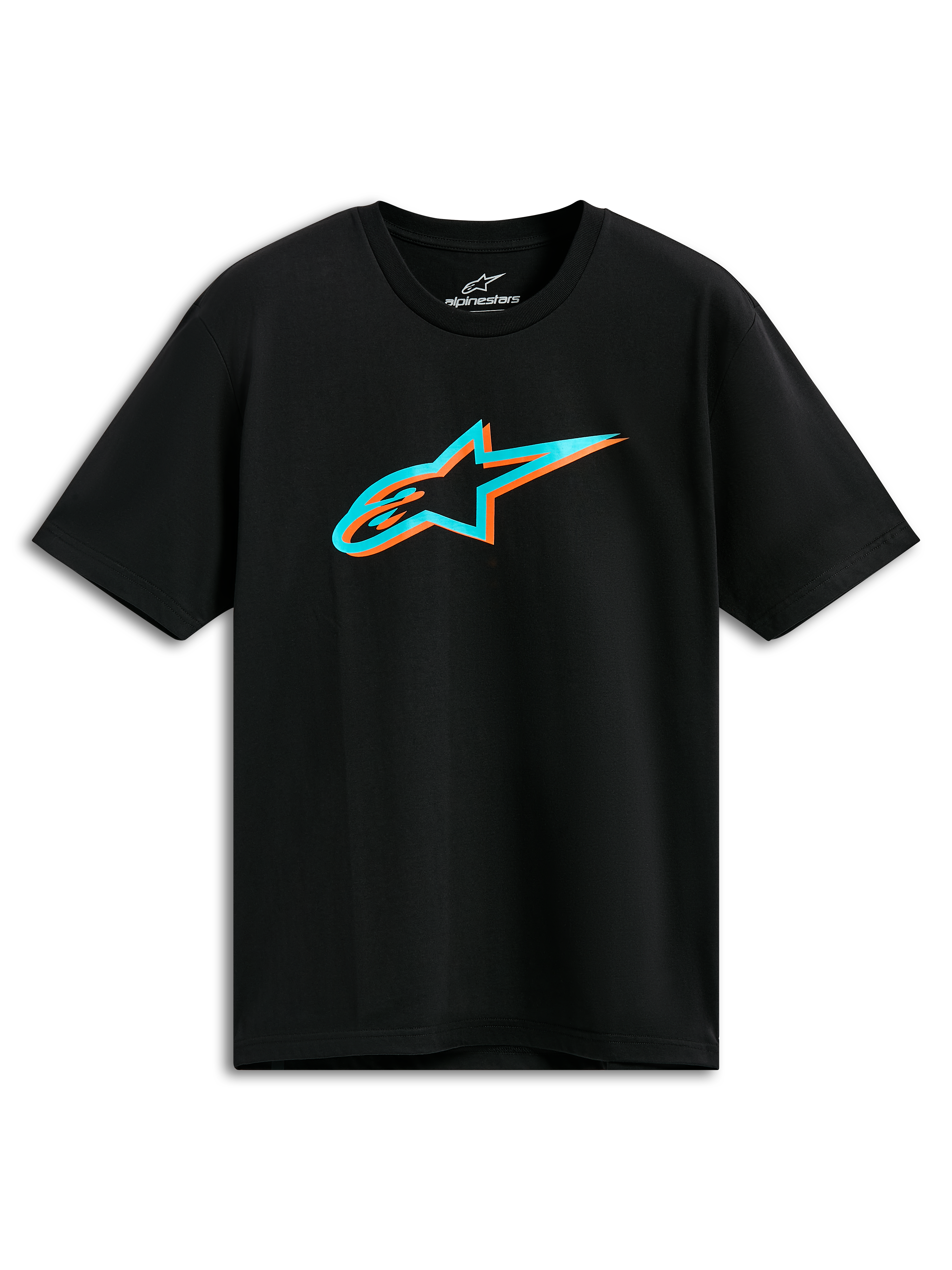 Alpinestars Ageless Shadow CSF Tee, Kurzarm-T-Shirt, Schwarz, türkisfarbenes und oranges Shadow Astars-Logo, lässige Motorsport-Streetwear