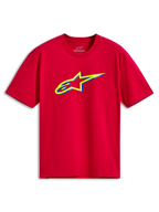 Alpinestars Ageless Shadow CSF Tee, Kurzarm-T-Shirt, Rot, mit einer gelben und blauen mehrschichtigen Ageless-Logo-Grafik auf der Brust, lässige Motorsport-Streetwear