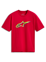 Alpinestars Ageless Shadow CSF Tee, Kurzarm-T-Shirt, Rot, mit einer gelben und blauen mehrschichtigen Ageless-Logo-Grafik auf der Brust, lässige Motorsport-Streetwear