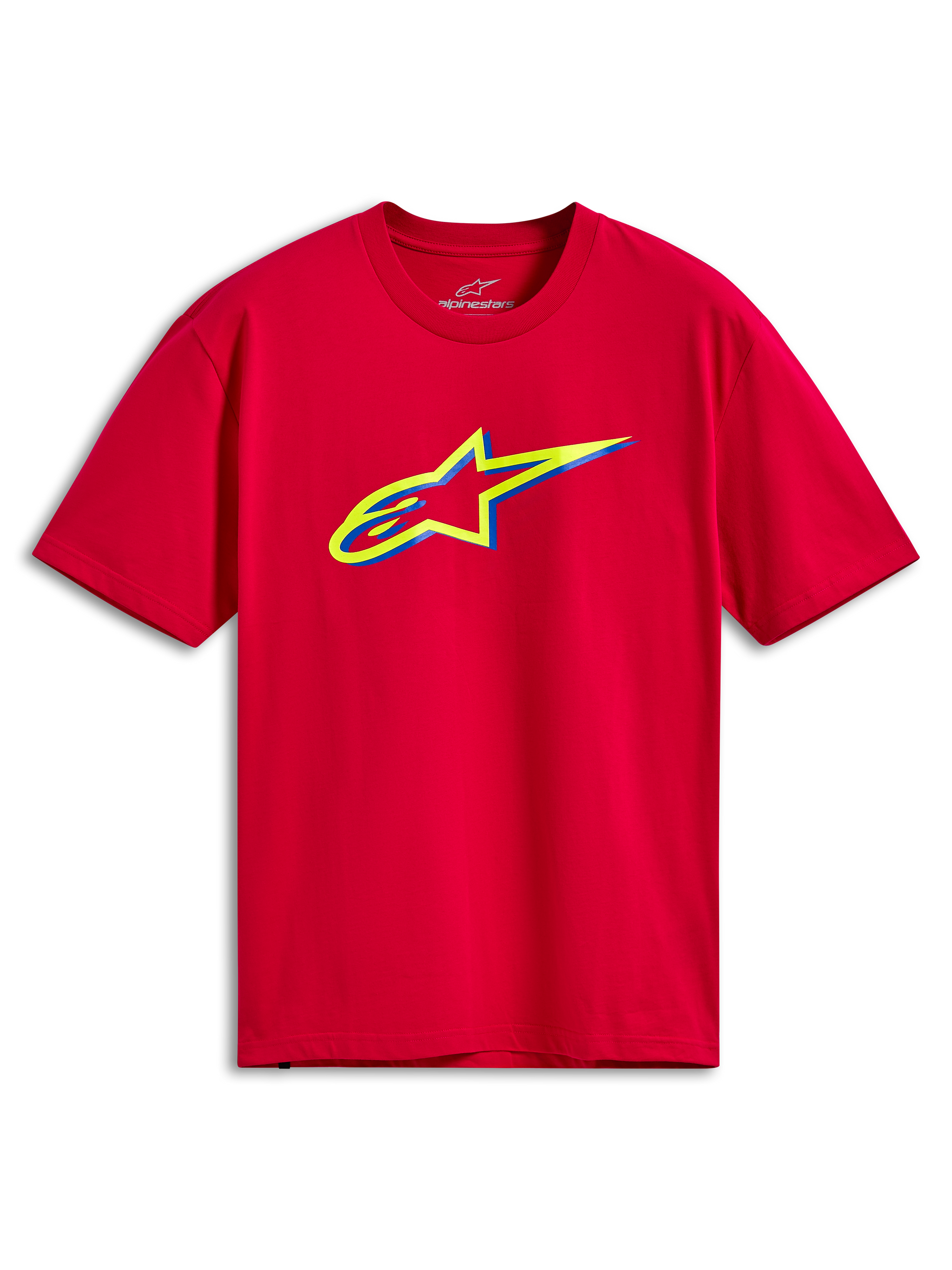 Alpinestars Ageless Shadow CSF Tee, Kurzarm-T-Shirt, Rot, mit einer gelben und blauen mehrschichtigen Ageless-Logo-Grafik auf der Brust, lässige Motorsport-Streetwear