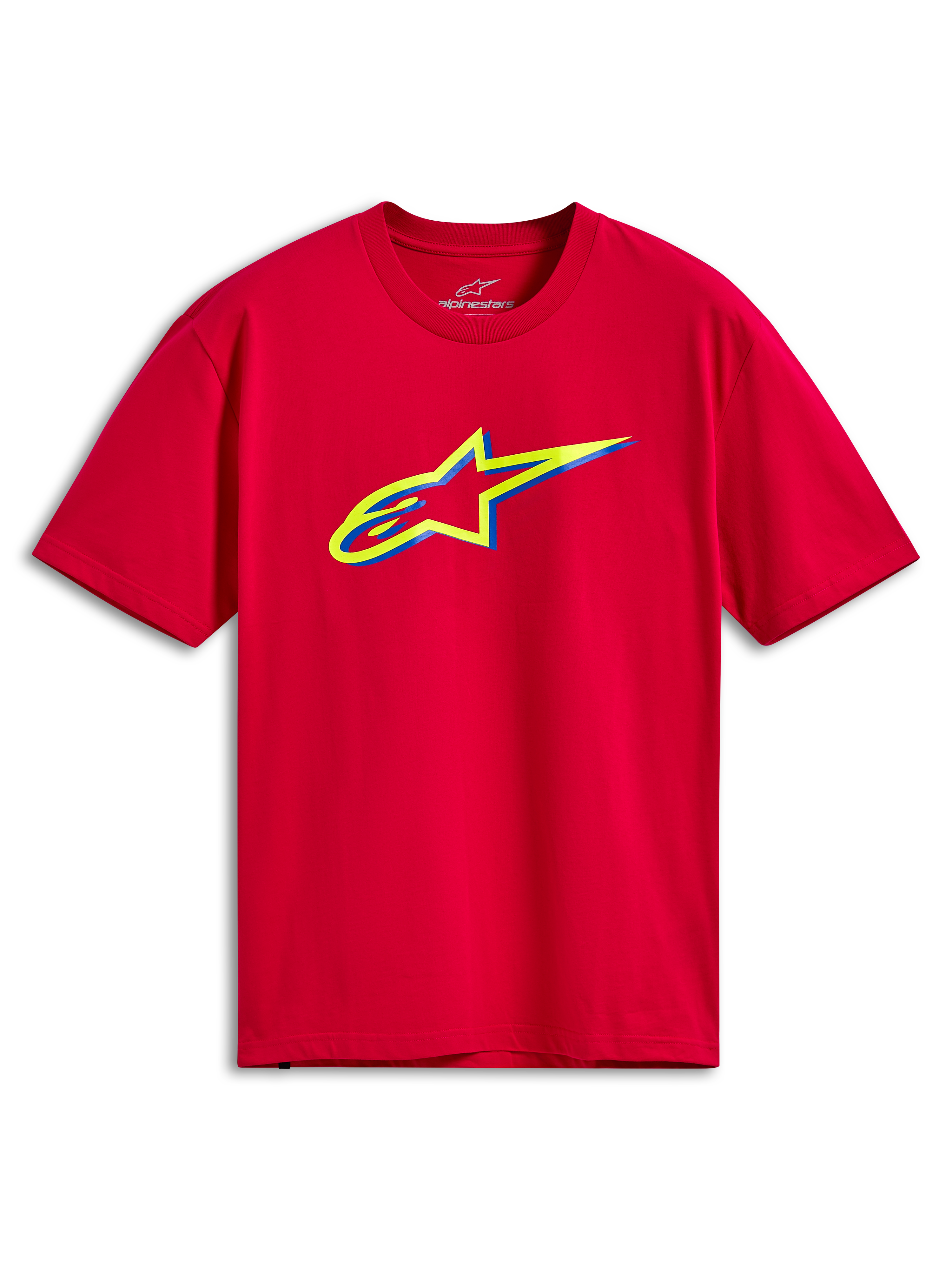 Alpinestars Ageless Shadow CSF Tee, Kurzarm-T-Shirt, Rot, mit einer gelben und blauen mehrschichtigen Ageless-Logo-Grafik auf der Brust, lässige Motorsport-Streetwear