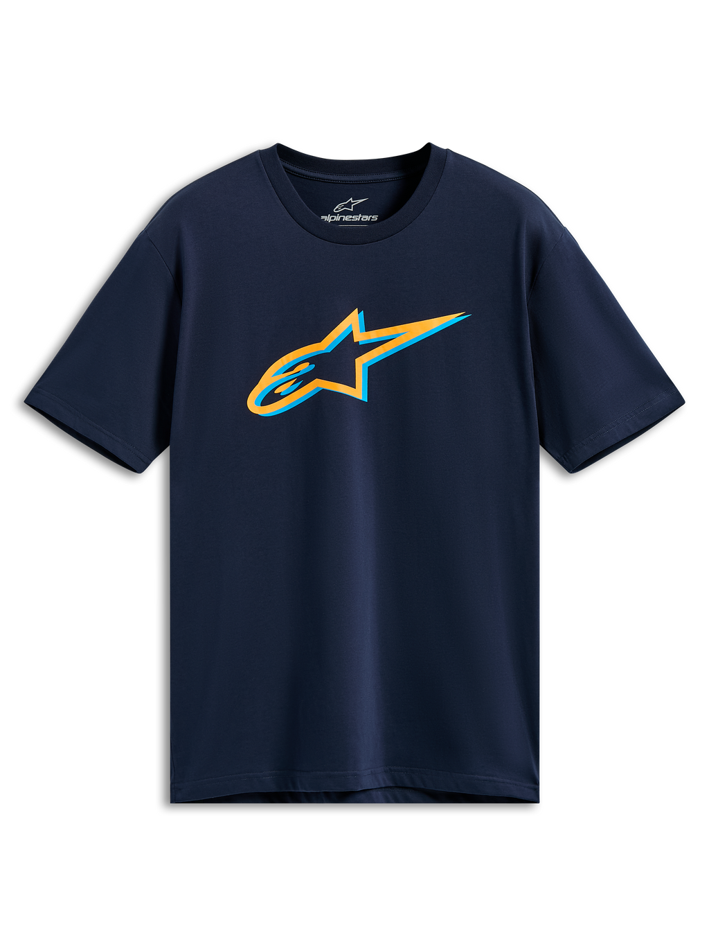Alpinestars Ageless Shadow CSF Tee, Kurzarm-T-Shirt, Marineblau, orangefarbenes und hellblaues Ageless Shadow Logo auf der Brust, lässige Sportbekleidung